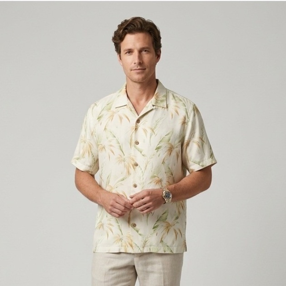 Tommy Bahama Mens XL Silk Tropical Palm Leaf Camp Shirt Cream Green Hawaiian